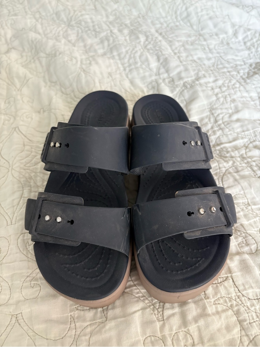 CROCS Navy Double-Strap Platform Sandal with Tan Sole - Picture 5 of 5